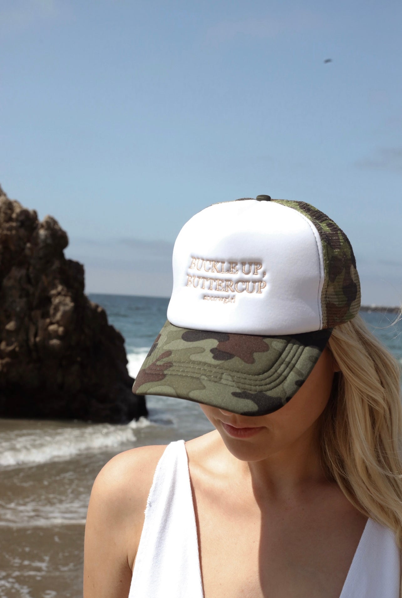 Buckleup, Buttercup Trucker Hat in Camo