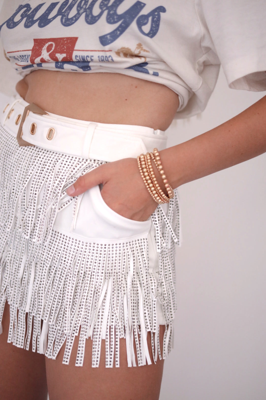 Sadie Rhinestone Fringe Skort in White