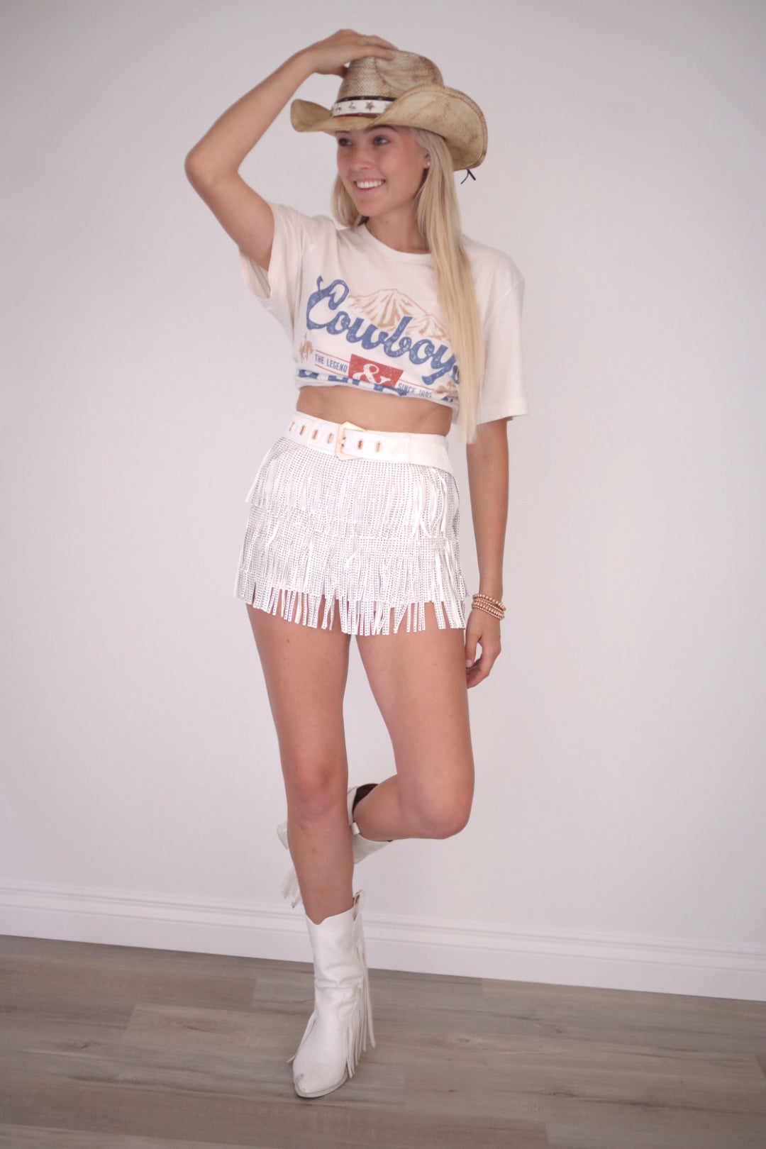 Sadie Rhinestone Fringe Skort in White