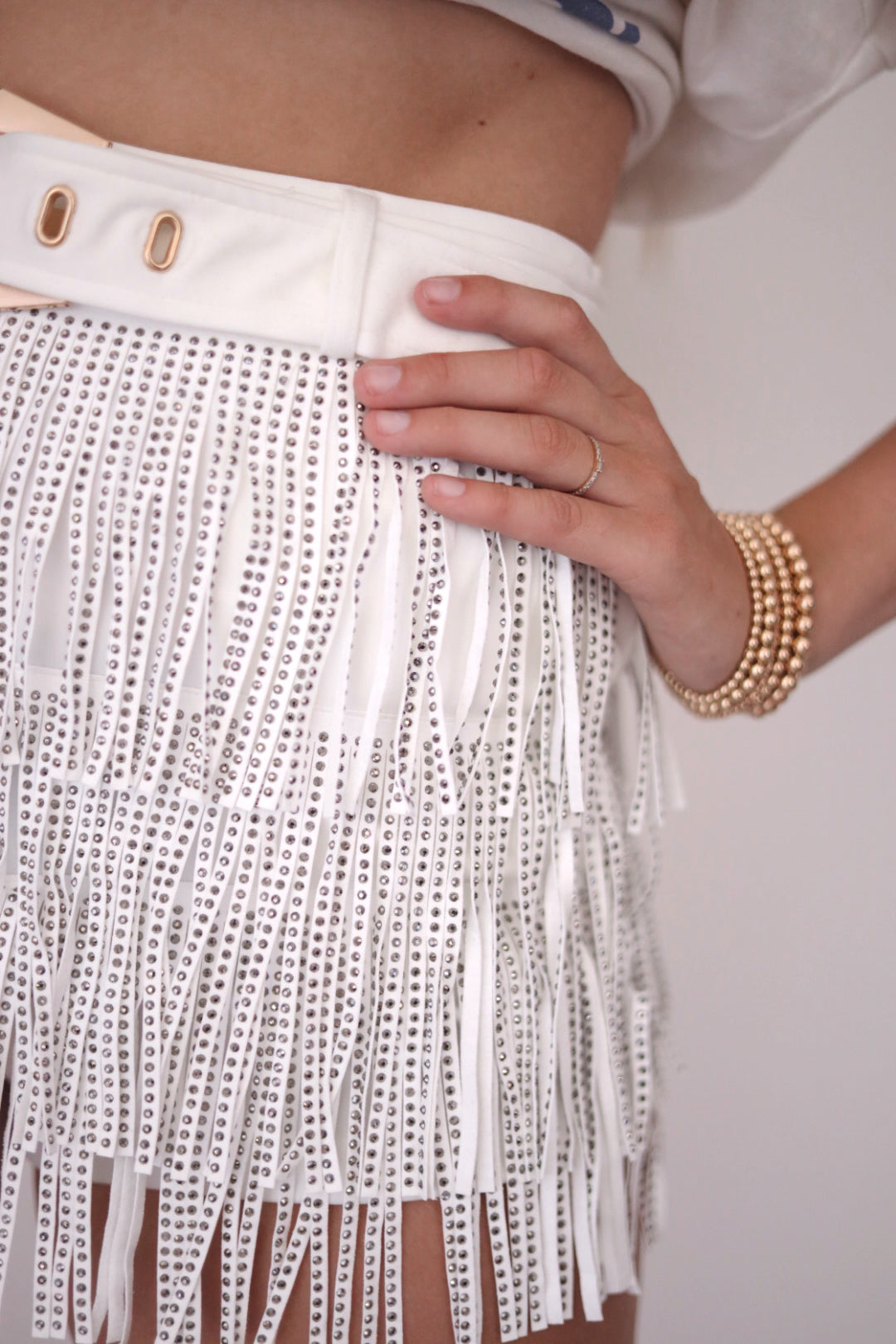 Sadie Rhinestone Fringe Skort in White