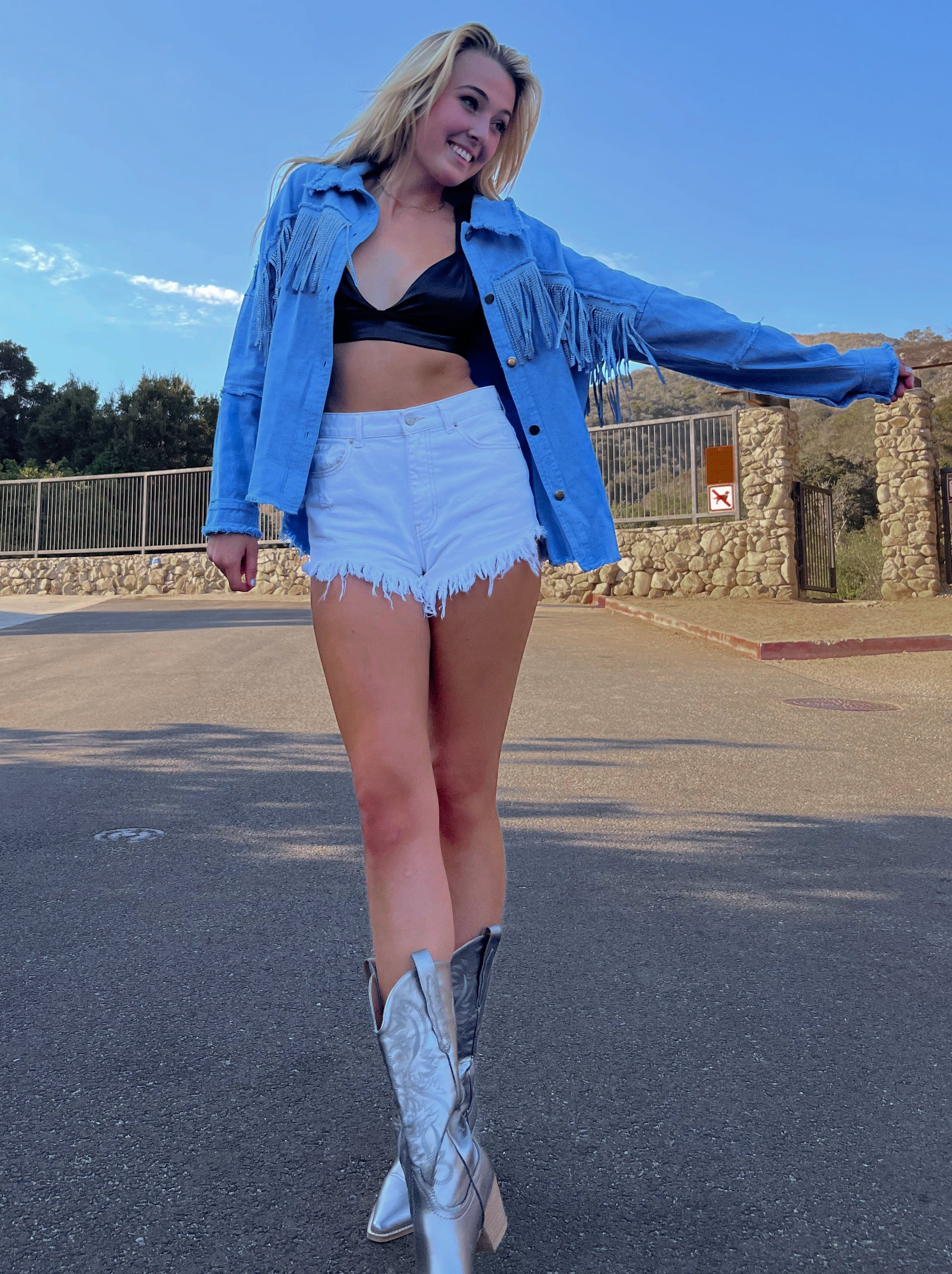 Fringe Denim Rhinestone Jacket in Blue