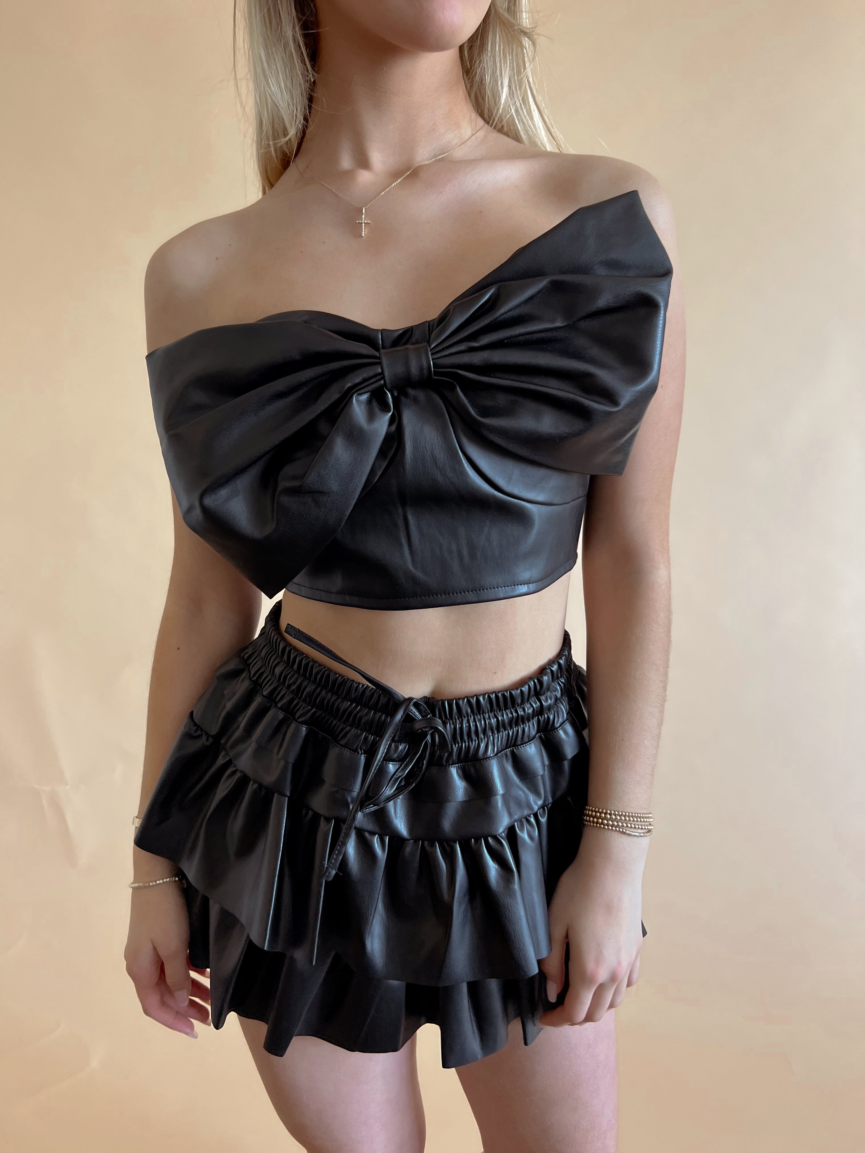 Day + Moon Leather Bow Top in Black