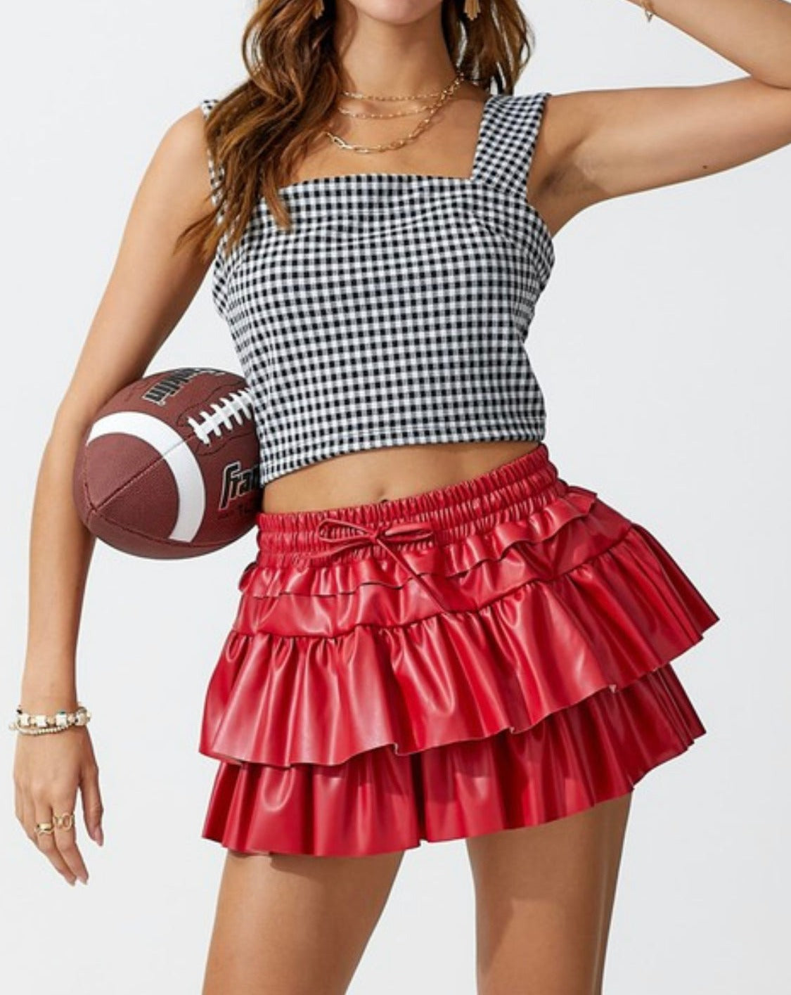 Day + Moon Ruffle Leather Skort in Red