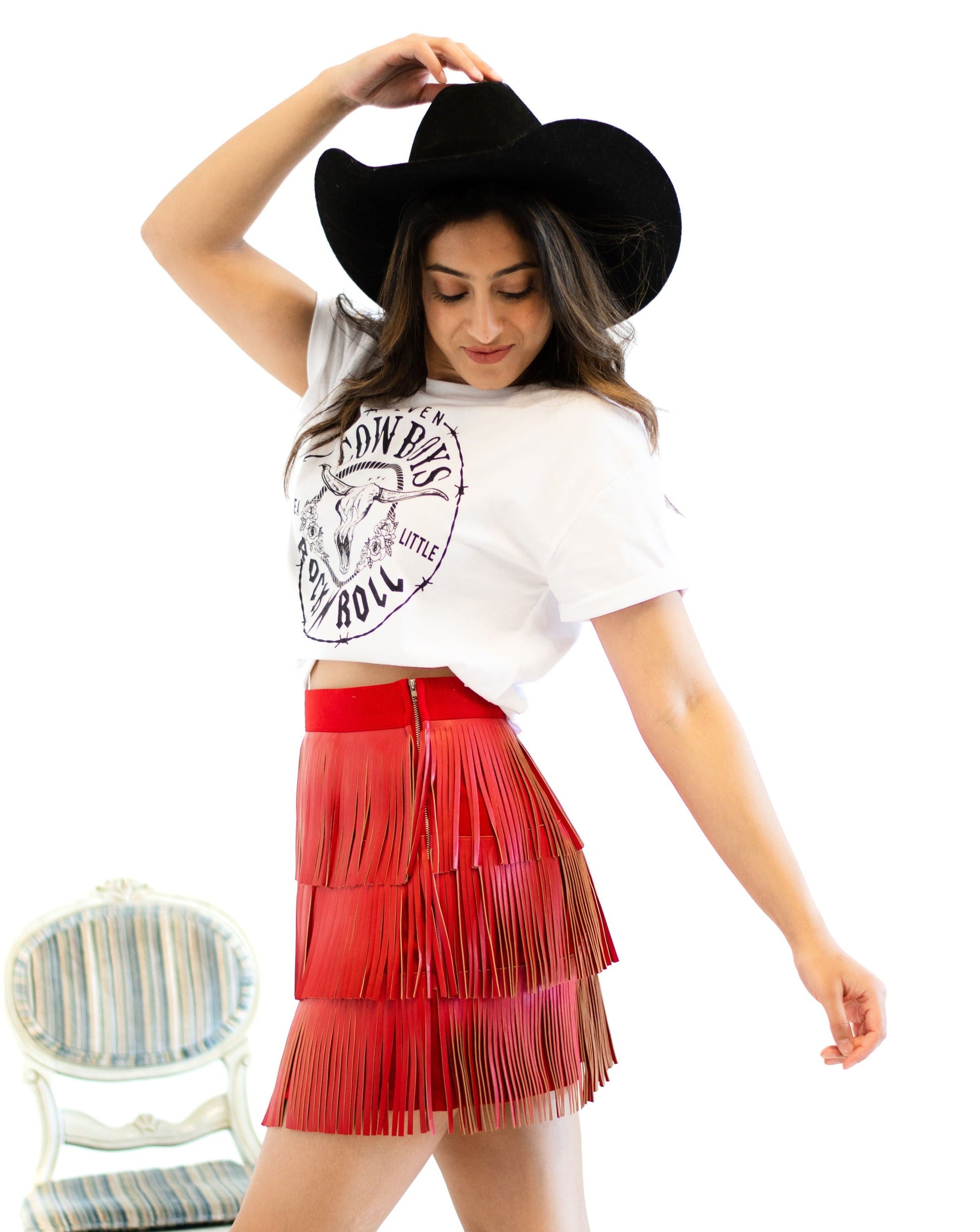 Leather fringe skirt red best sale